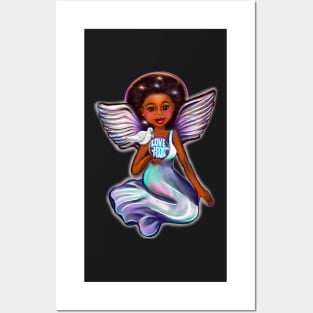 Angel with dove love joy and peace iii - Black angel of peace ! With glow, Afro hair, green eyes, Cherry pink lips and dark brown skin. Hair love ! Posters and Art